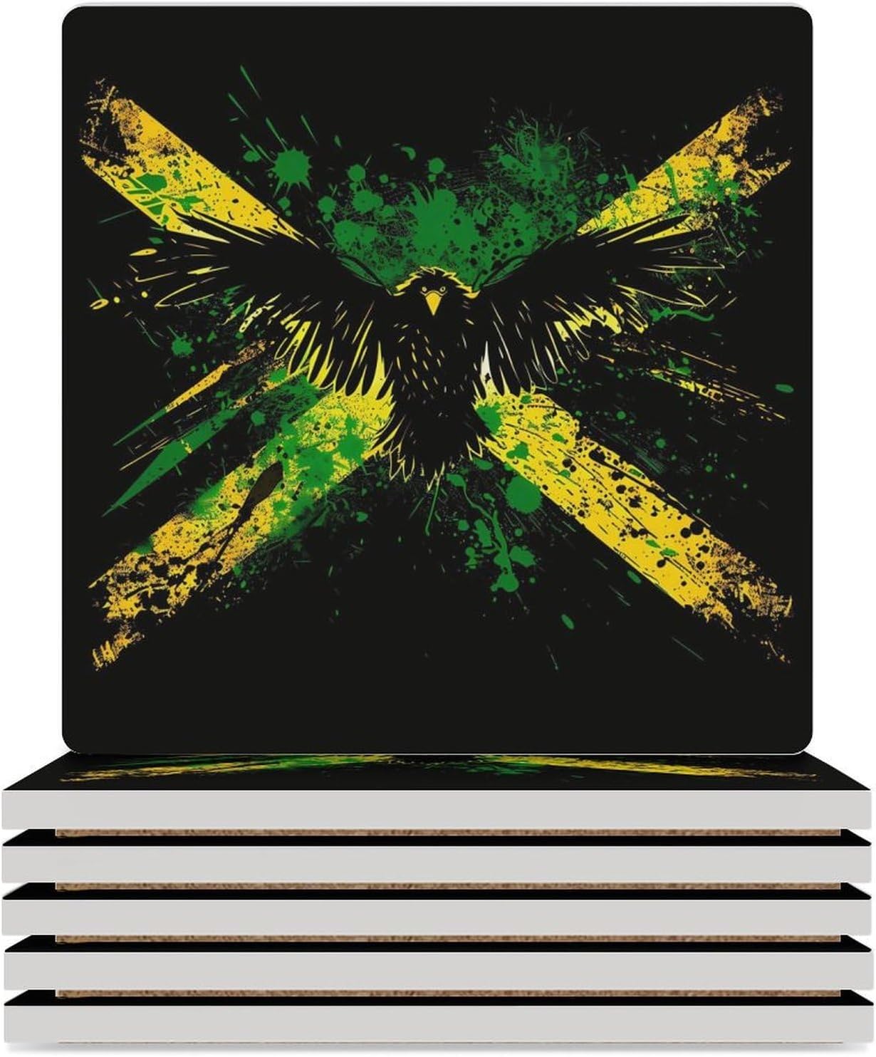 Jamaican Flag Eagle Coaster for Drinks Square Ceramic Table Coasters Stone Mat Crafts 6PCS Home Kitchen Decor