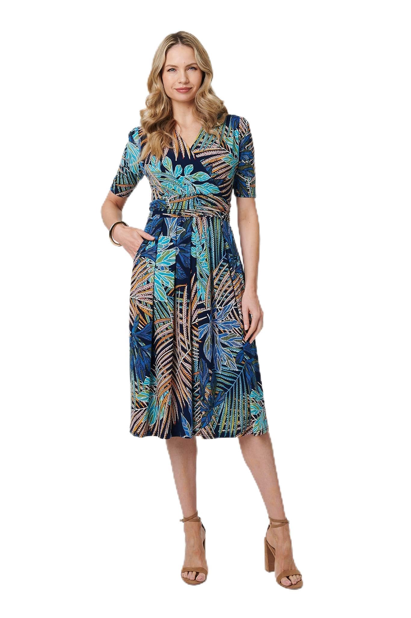 Izabel London Women's Blue Leaf Print Wrap Front Pleat Midi Dress In | : Size 12