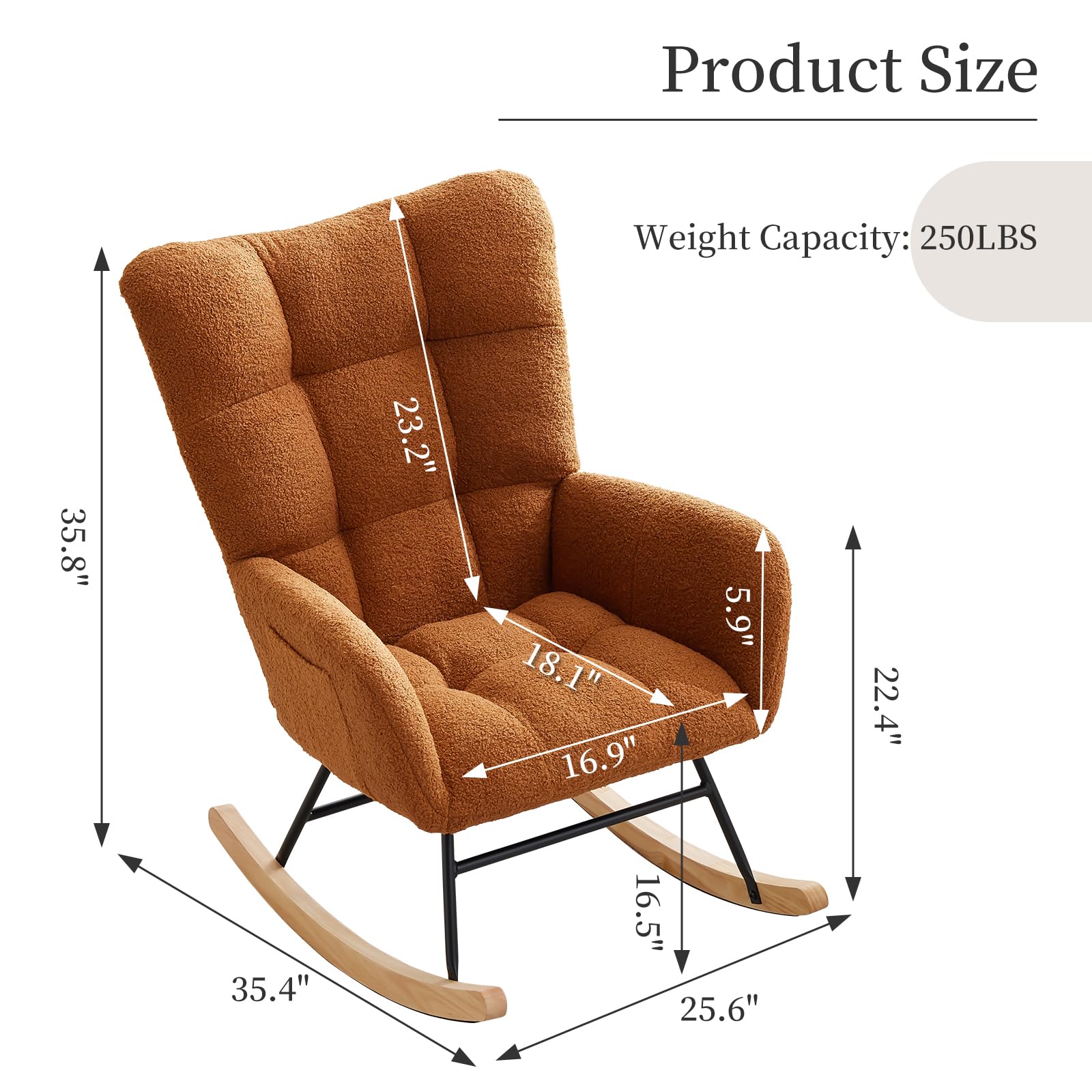 GarveeLife Silla Mecedora Ergonómica De Descanso, Respaldo Alto Tapizado En Peluche, Base De Madera y Patas Metálicas, Soporte 120kg, Sillón para Lectura, Hogar y Hostelería, Color Marrón