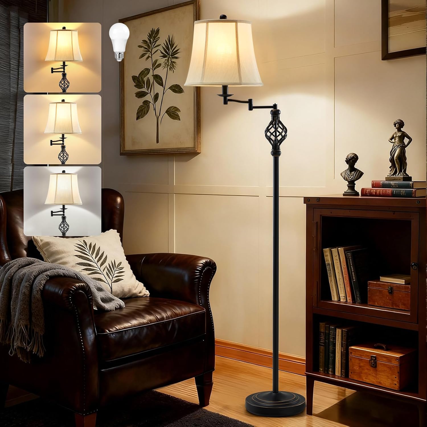 GyroVu Color Temperature Adjustable Floor lamp, Traditional 350° Adjustable Swing Arm Floor Lamp Vintage Pole lamp Farmhouse Lamp for Living Rooms & Offices, Rustic Standing Lamp for Bedroom Reading