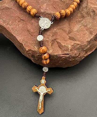 Miniatura 7 de Rosario de cuentas de madera negra, collar de cruz hecho a mano para oración y meditación, Madera, No es una piedra preciosa