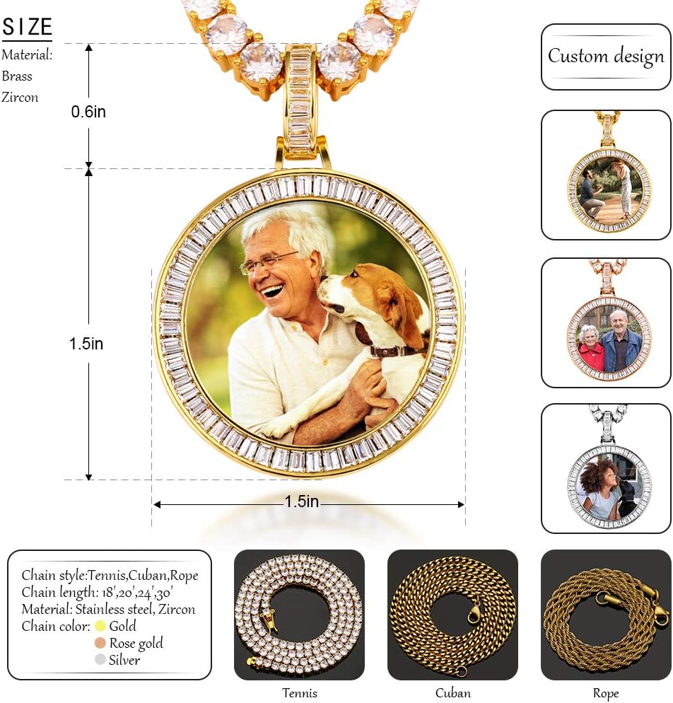 TUHE Custom Picture Necklace Personalized Photo Pendant For Men Women Iced Out Customized Photo Necklace Hip Hop Memory Pictures Chains Customized Jewelry With Photo