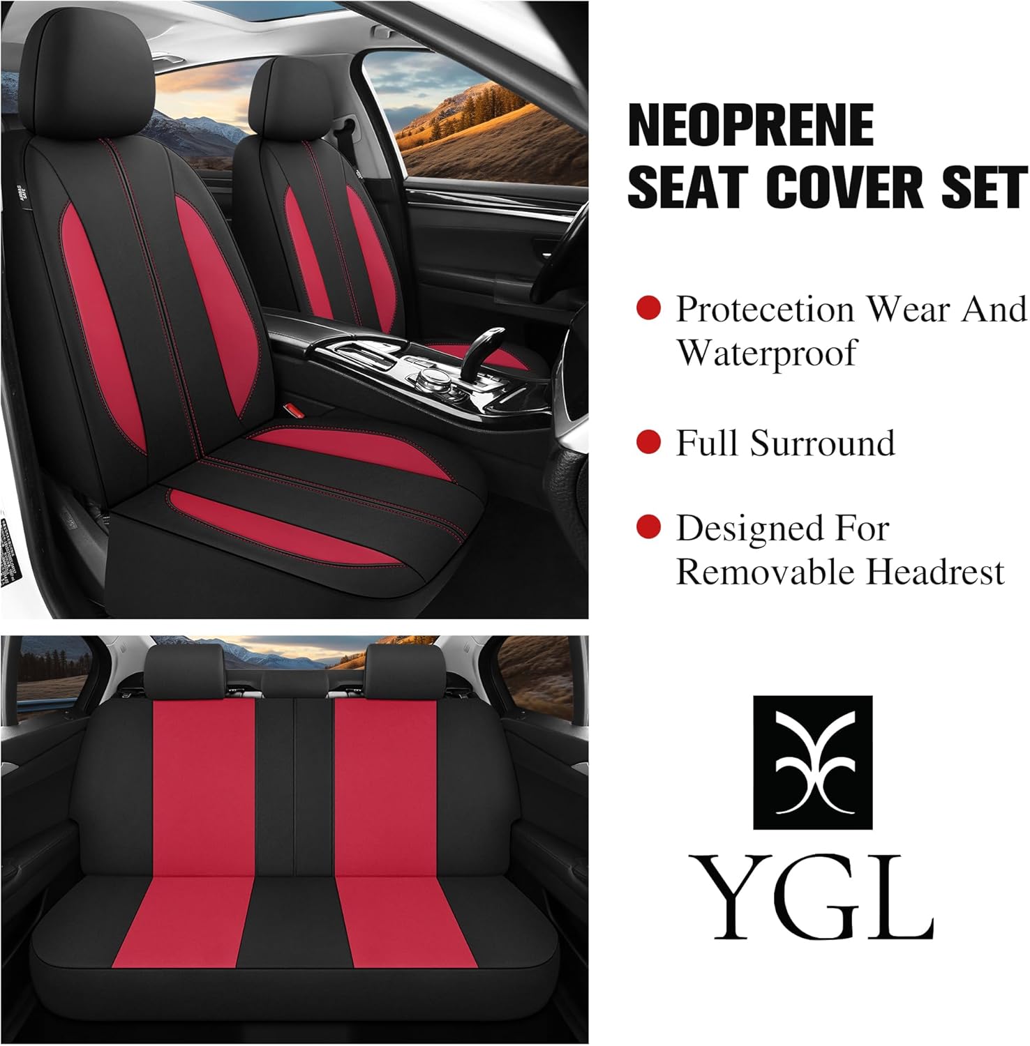 YGL Car Seat Covers for Full Seats,Waterproof Seat Covers for Cars,Durable Neoprene Car Seat Protectors,Interior Covers for Cars,Sedan Van Truck SUV(Black/Red) Black/Red Full Set image 7 of 9 B0CRTPF3NN