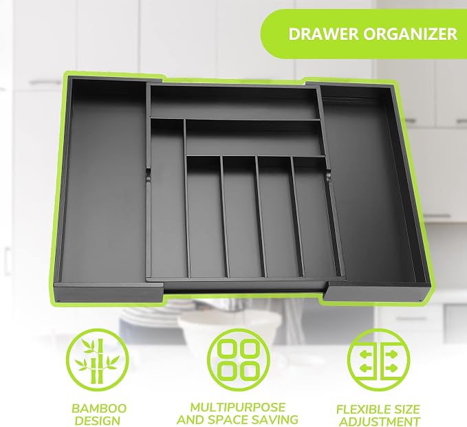 BAMEOS Utensil Drawer Organizer, 2 Packs Cutlery Tray Desk Drawer Organizer Silverware Holder Kitchen Knives Tray Drawer Organizer, Cutlery