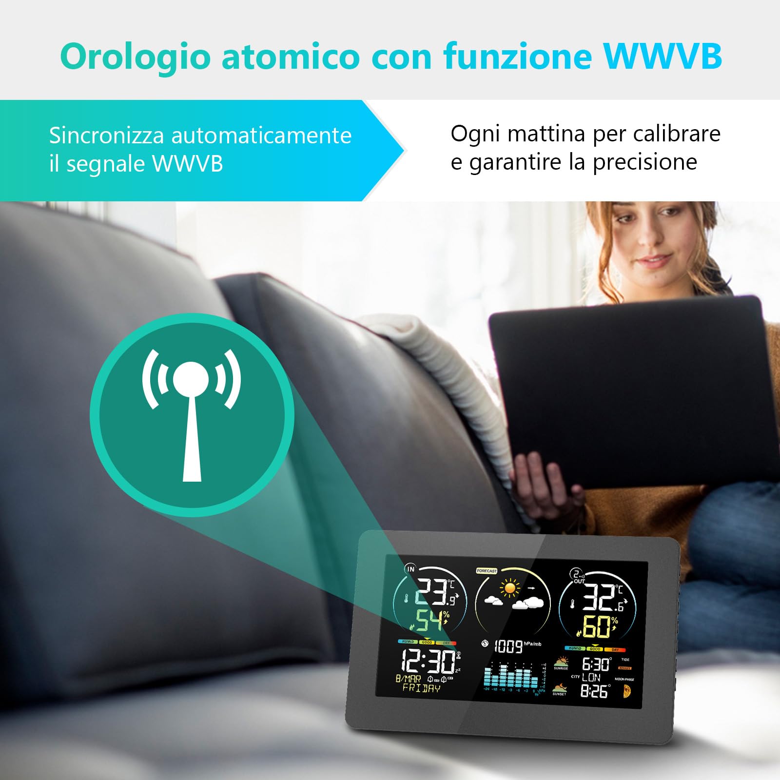 Stazione Meteo Digitale Senza Fili con Sensore Interno Esterno Termometro Orologio Atomico Monitoraggio Temperatura Umidità