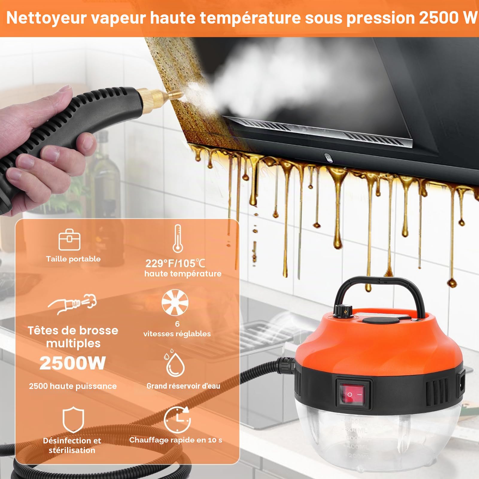 Nettoyeur vapeur à haute température 3800 W pour auto-detailing et nettoyage de différentes surfaces, pression vapeur 105,0 °C, réservoir de 1 l, 6 réglages réglables, nettoyeur vapeur portable