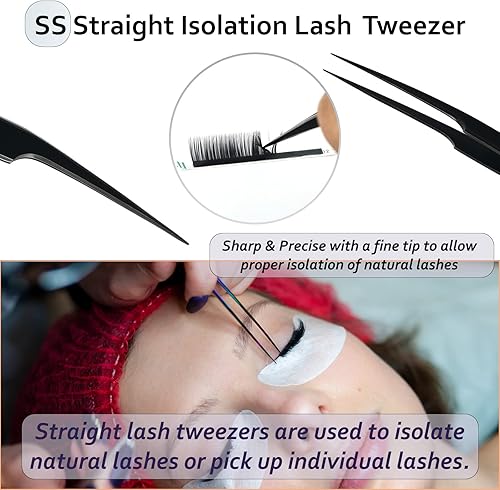 Miniatura 6 de Pinzas de aislamiento Extensiones de pestañas, 1 pieza, pestañas individuales rectas, pinzas de pestañas, color negro, punta larga, pinzas clásicas