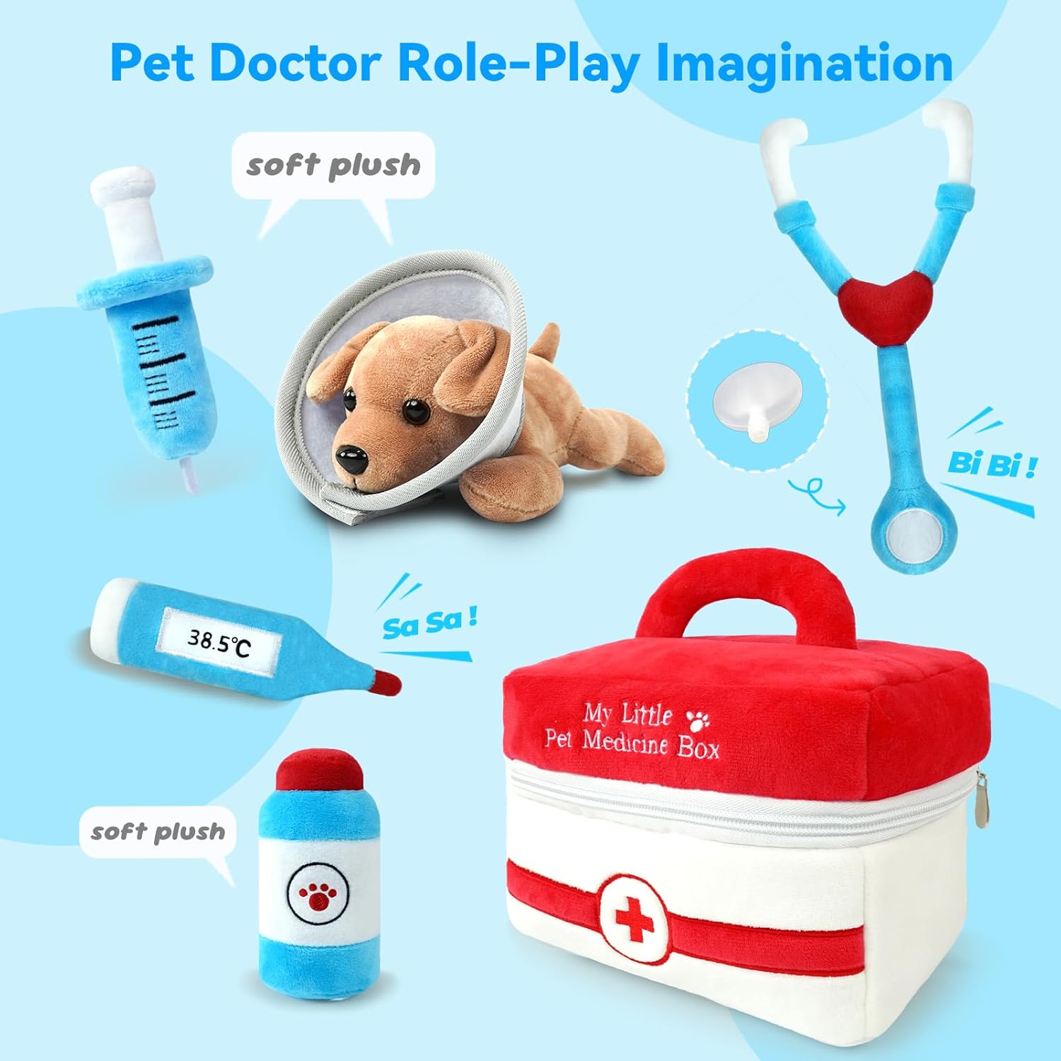 Stuffed Plush Pet Vet Kit for Baby Toddler, 6-Pcs My Little Pet Doctor Plush Playset, Sensory Pretend Play Stuffed Plush Toy with Pet Medicine Box/Puppy Patient/Stethoscope, Boy Girl Infant Gifts