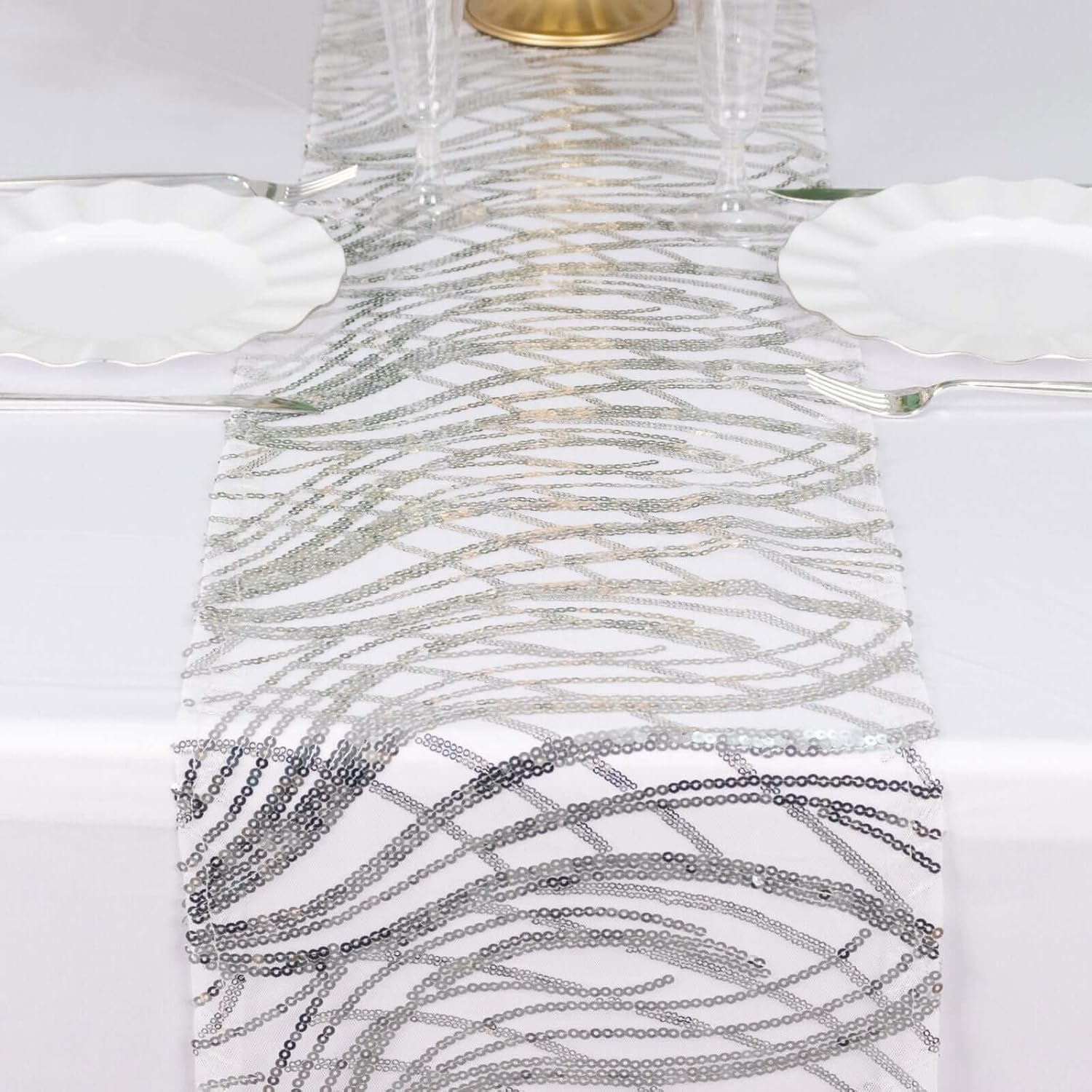 Efavormart 12"x108" Silver Wave Mesh Table Runner with Embroidered Sequins