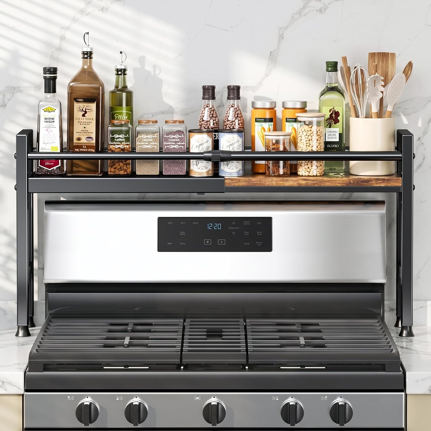 Over the Stove Shelf with Adjustable Height & Length, Extendable Oven Shelf
