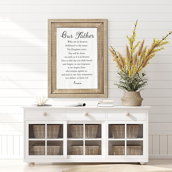 Framed Christian Wall Art Decor Bible Our Father Prayer Wooden Hanging Sign Decoration for Modern Home Living Room Bedroom Office 16"x11" (Prayer Natural)