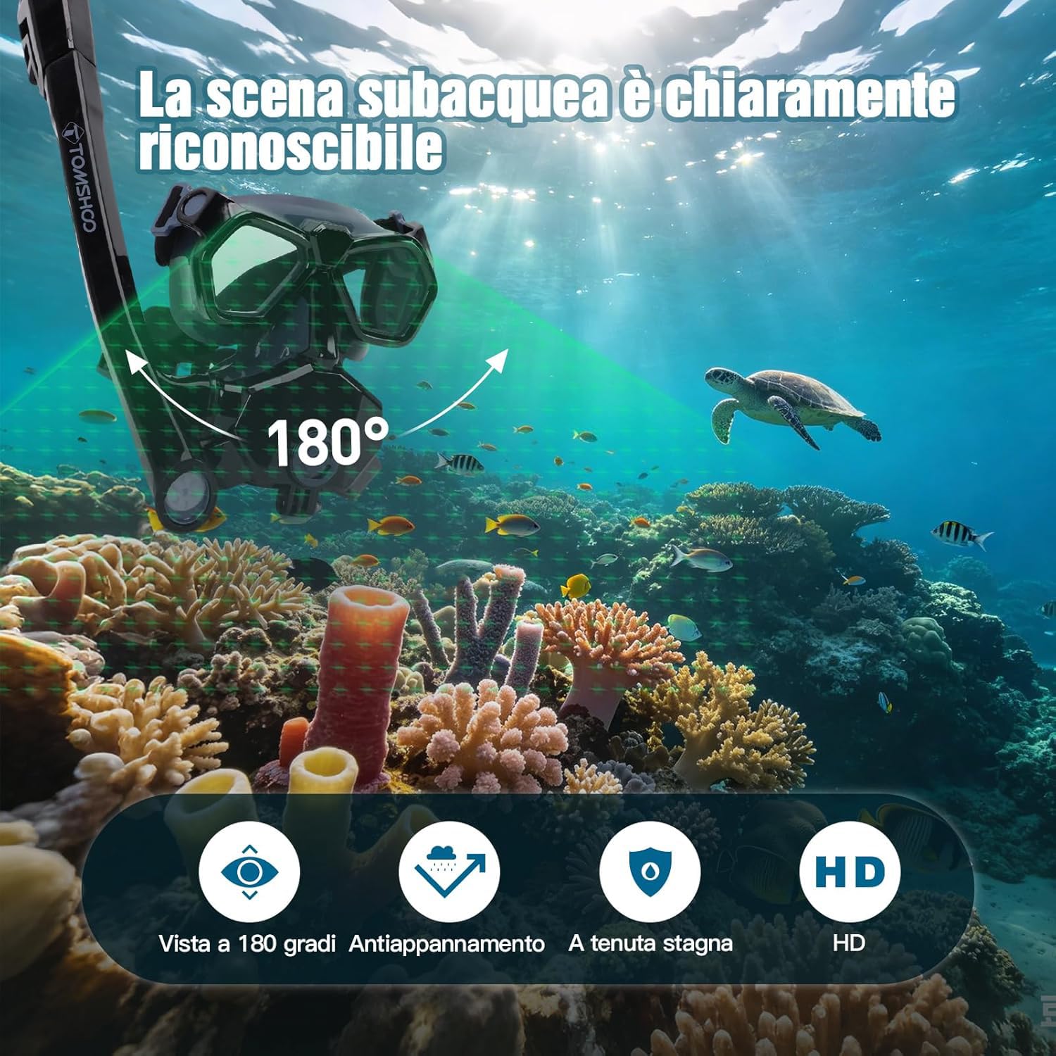 TOMSHOO Set da snorkeling con boccaglio e occhiali da immersione, occhiali da immersione, con campo visivo panoramico a 180°, con boccaglio a 3 canali Premium Dry per immersioni e nuoto