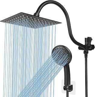 Taiker Shower Head, 8 Inch High Pressure Rainfall Shower Head/Handheld Showerhead Combo with 11.5 Inch Adjustable Curved Arm, Anti-leak Shower Head with Holder/Hose, Flow Regulator, Chrome (Black)