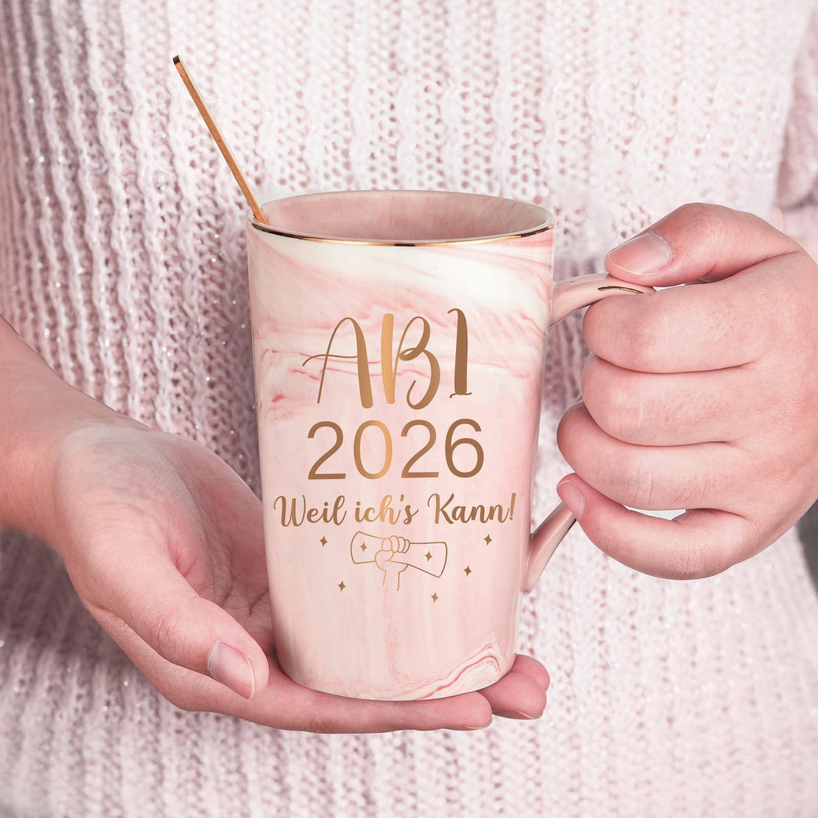 Abi 2026 Geschenke Kaffeetasse, Abitur 2026 Geschenke Mädchen, Junge, Abi 2026 Weil ich's kann Tasse, Abschluss Geschenk, 400ML Rosa Keramik Marmorbecher mit Deckel, Löffel und Geschenkbox
