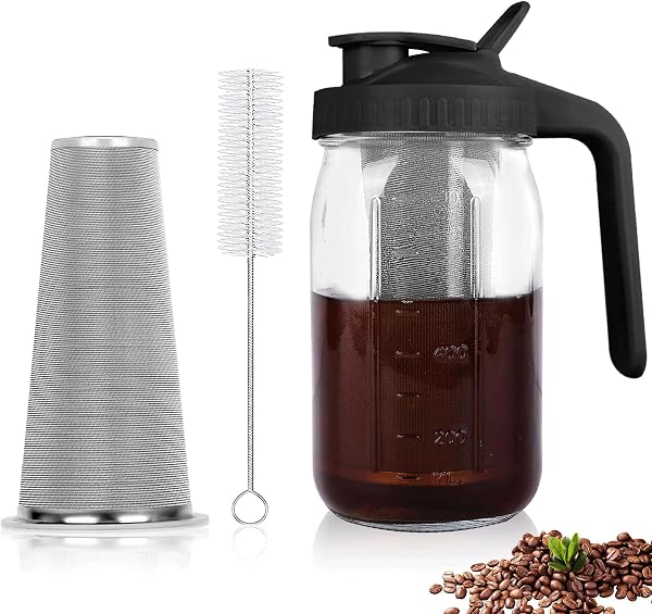 Cold Brew Coffee Maker,Mason Jar Pitcher with Stainless Steel Filter, Pour Spout Handle Lid, Heavy Duty Glass Airtight &