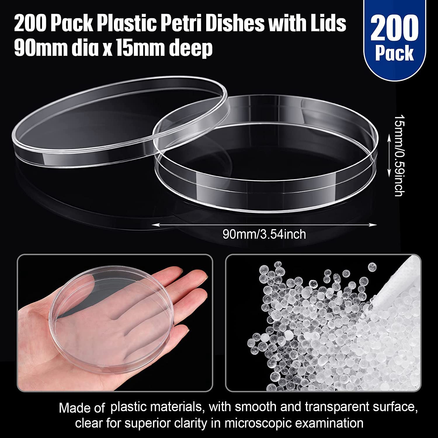 200 Stück Sterile Kunststoff-Petrischalen 90 mm Durchmesser X 15 mm, Klar, Petrischalen, Wissenschaftsschale, Labor, Zellkulturschalen, Petrischalen mit Deckel