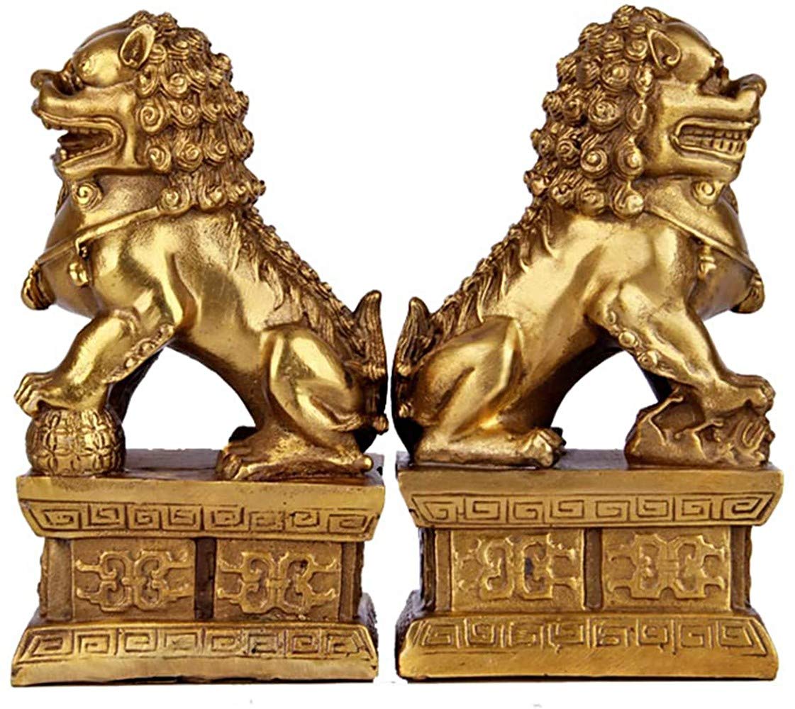 Feng Shui Statua in ottone Leone Ricchezza Porsperità Ornamento Coppia di fu Foo Cani Guardiano Scultura, Leone Posizionamento per interni Decor Figurina Migliore Congratulazioni per l'inaugurazione