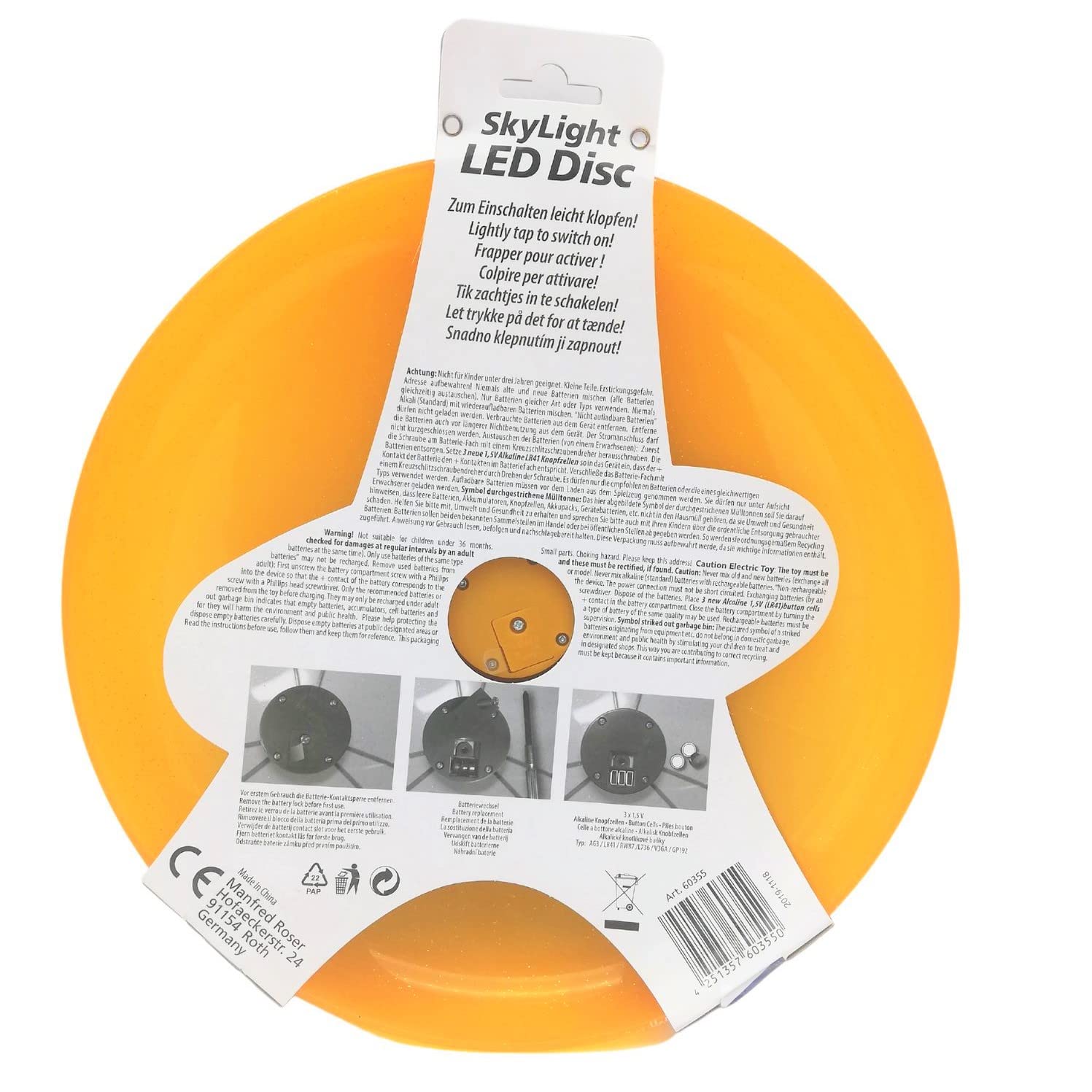 alldoro 63019 Sky Light Disc, Wurfscheibe ca. 27 cm, Frisbeescheibe mit 3 LEDs, für Strand, Garten und Outdoor, Wurfspiel für Kinder ab 4 Jahren & Erwachsene, orange