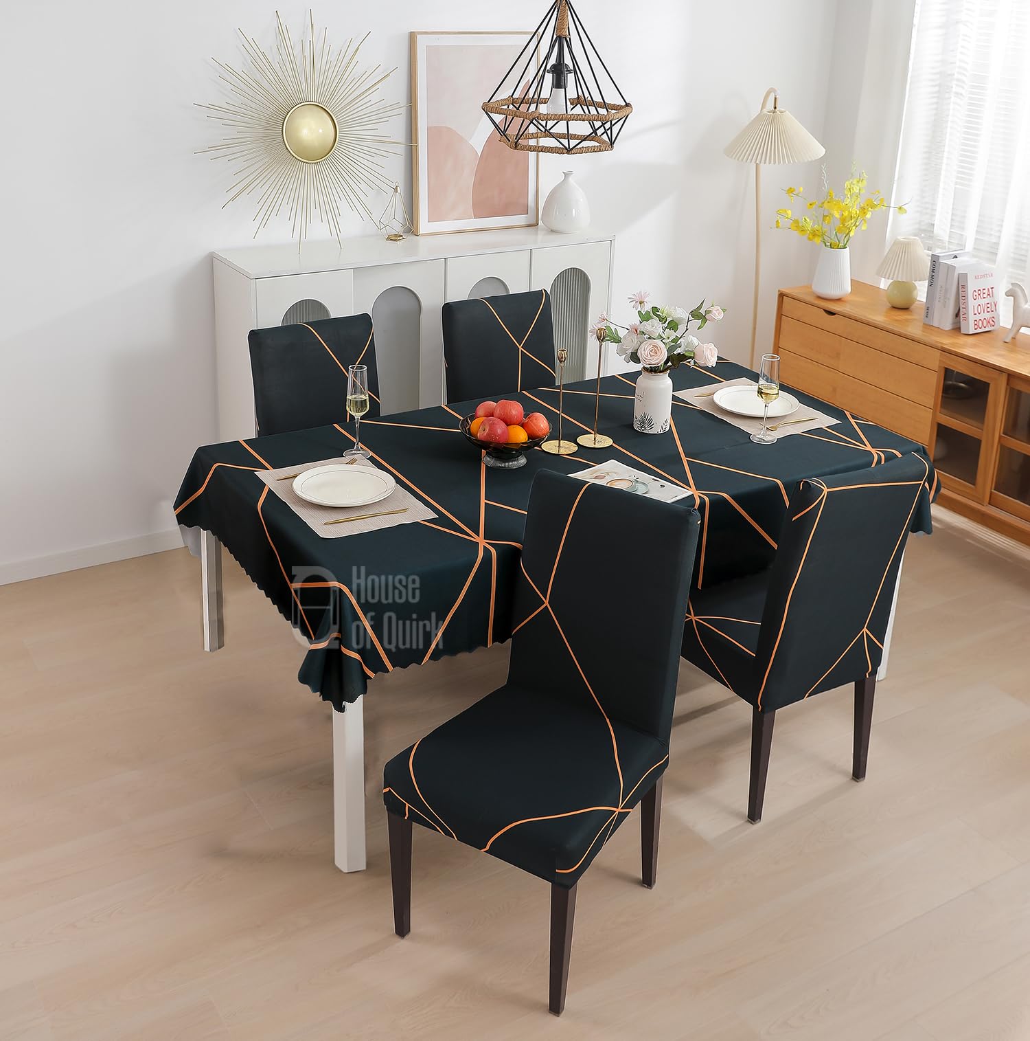house of quirk dining chair cover with table covers for kitchen waterproof dining table cloth (green gold prism, 1 table cover + 4 chair cover)