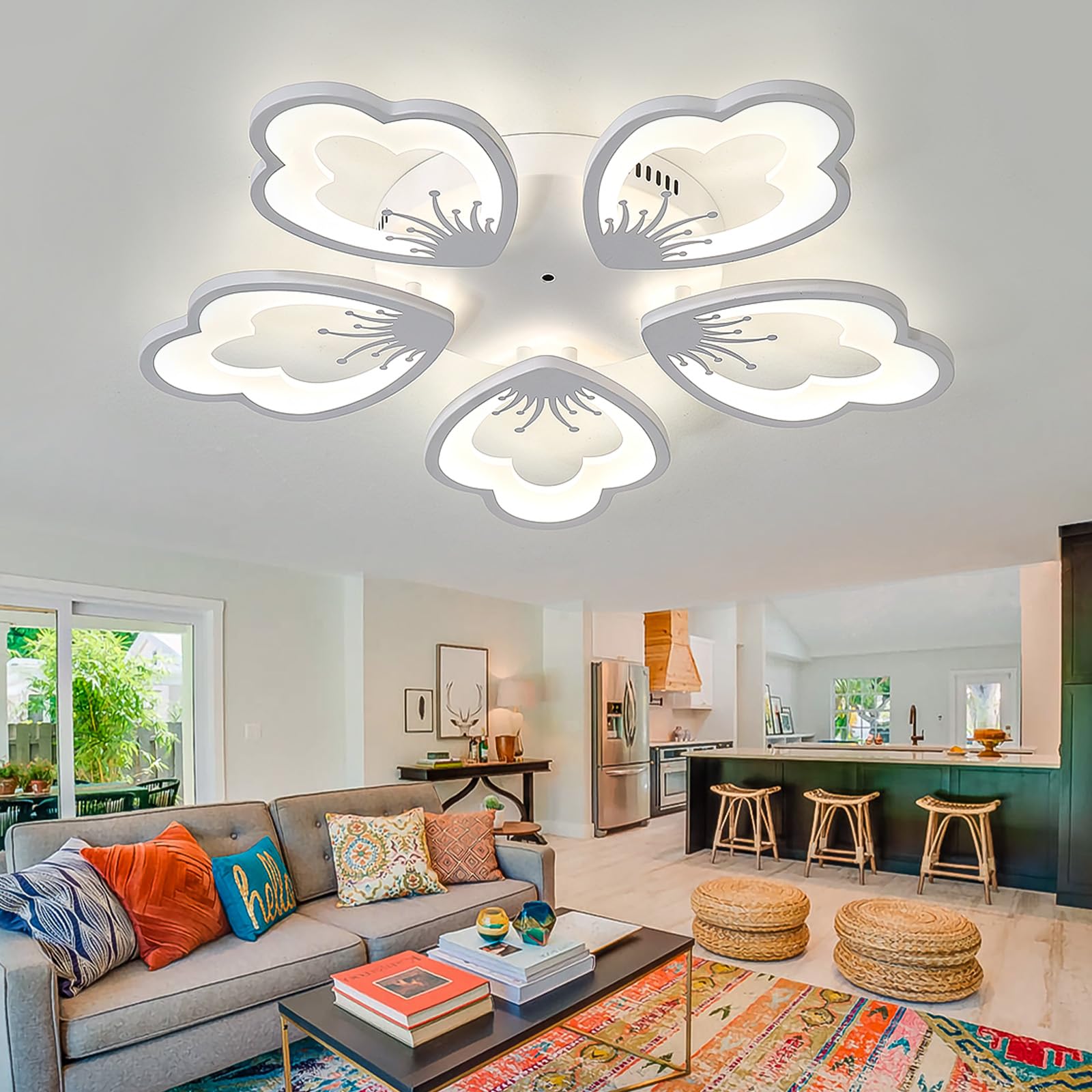 KXEcoLife Dimmable LED Flower Ceiling Light with Remote Control, Modern Chandelier 3000-6000K Night Lamp for Bedroom & Living Room, 70cm White Fixture