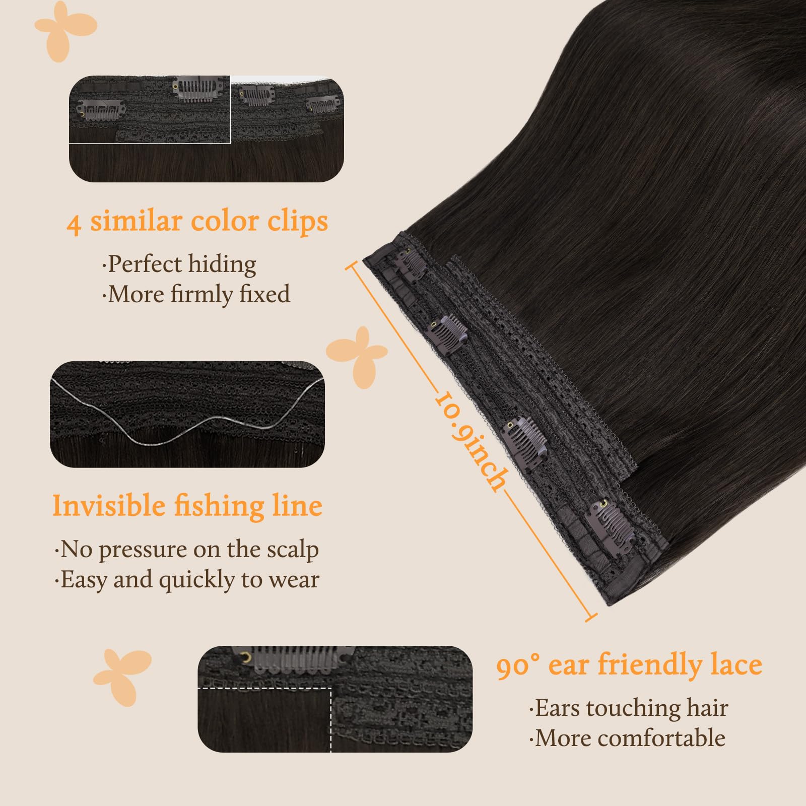 DOORES Wire Hair Extensions 18 Inch 95g Remy Human Wire Hair Extensions Invisible Transparent Line Adjustable Hairpieces Secret Extensions Straight Hair Dark Brown — view 3