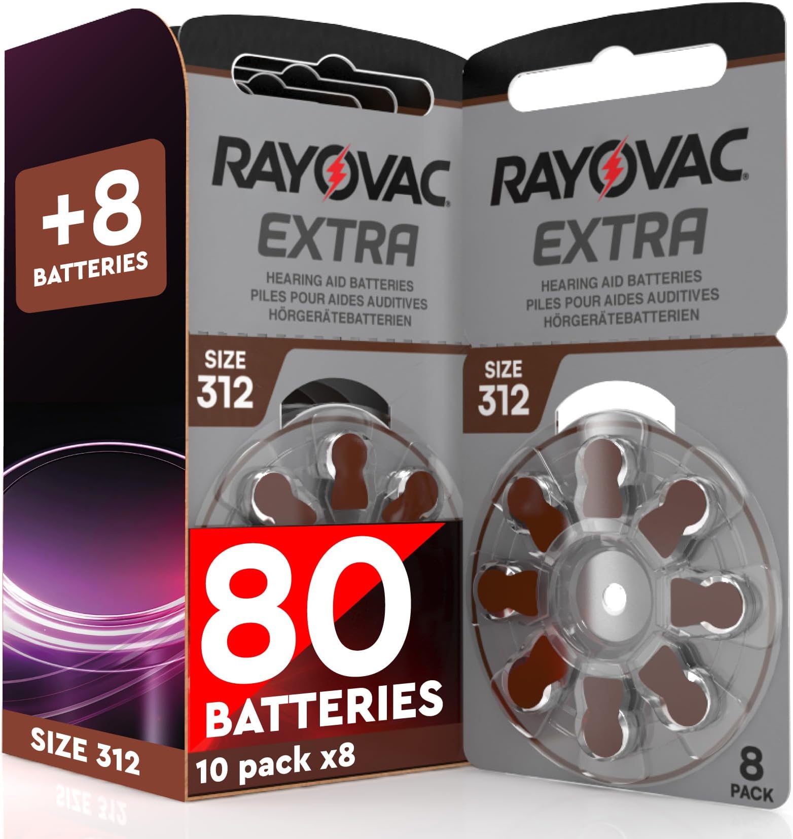 80 Hearing Aid Batteries Size 312 Rayovac Extra PR41 (Brown) + 8 Udivita