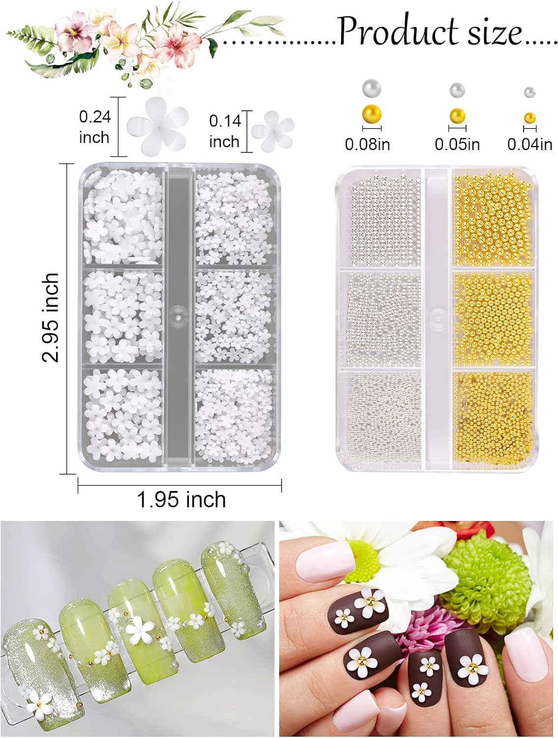 TOROKOM 3D Flower Nail Art Charms, White Acrylic Flower Rhinestones Metal Caviar Beads Nail Supplies Decorations for Women Girls Nail DIY