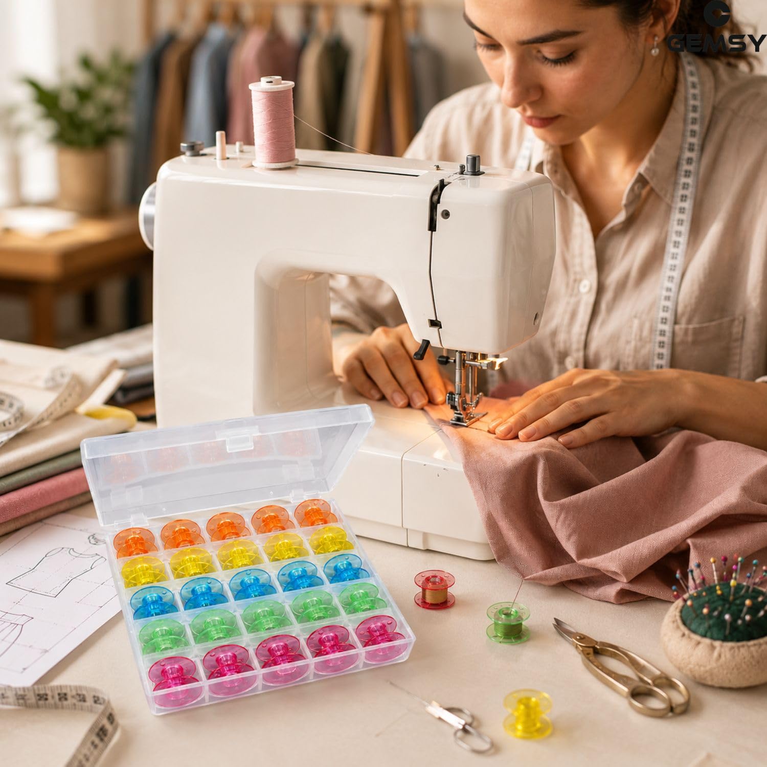 Gemsy Sewing Machine Transparent/Colour Bobbin Pack of 25 with Box : Plastic Bobbins, Tailoring Tools - Perfect for Regular Sewing Machine Like Usha Brother Singer Janome | Storage Box for Bobbin 3
