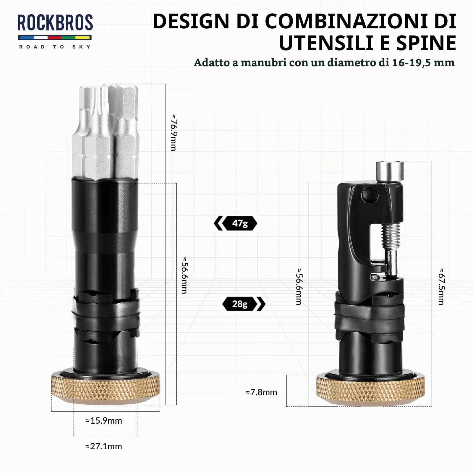 ROCKBROS Road to Sky Attrezzi Multifunzionale Bici, Kit Riparazione 5 in 1 Bicicletta Nascosto, Strumento Tappo Manubrio, Separatore di Catena per Bici da Strada, MTB, BMX