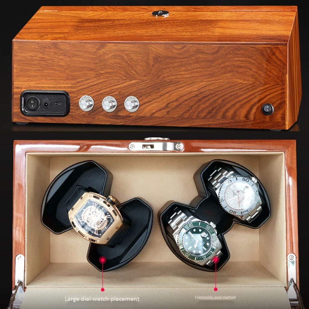 Scatola carica orologi automatica in legno per 4 orologi, motore scorrevole, 5 modalità di rotazione, vetrina per orologi da donna e uomo, con USB e adattatore (fodera in pelle microfibra A)