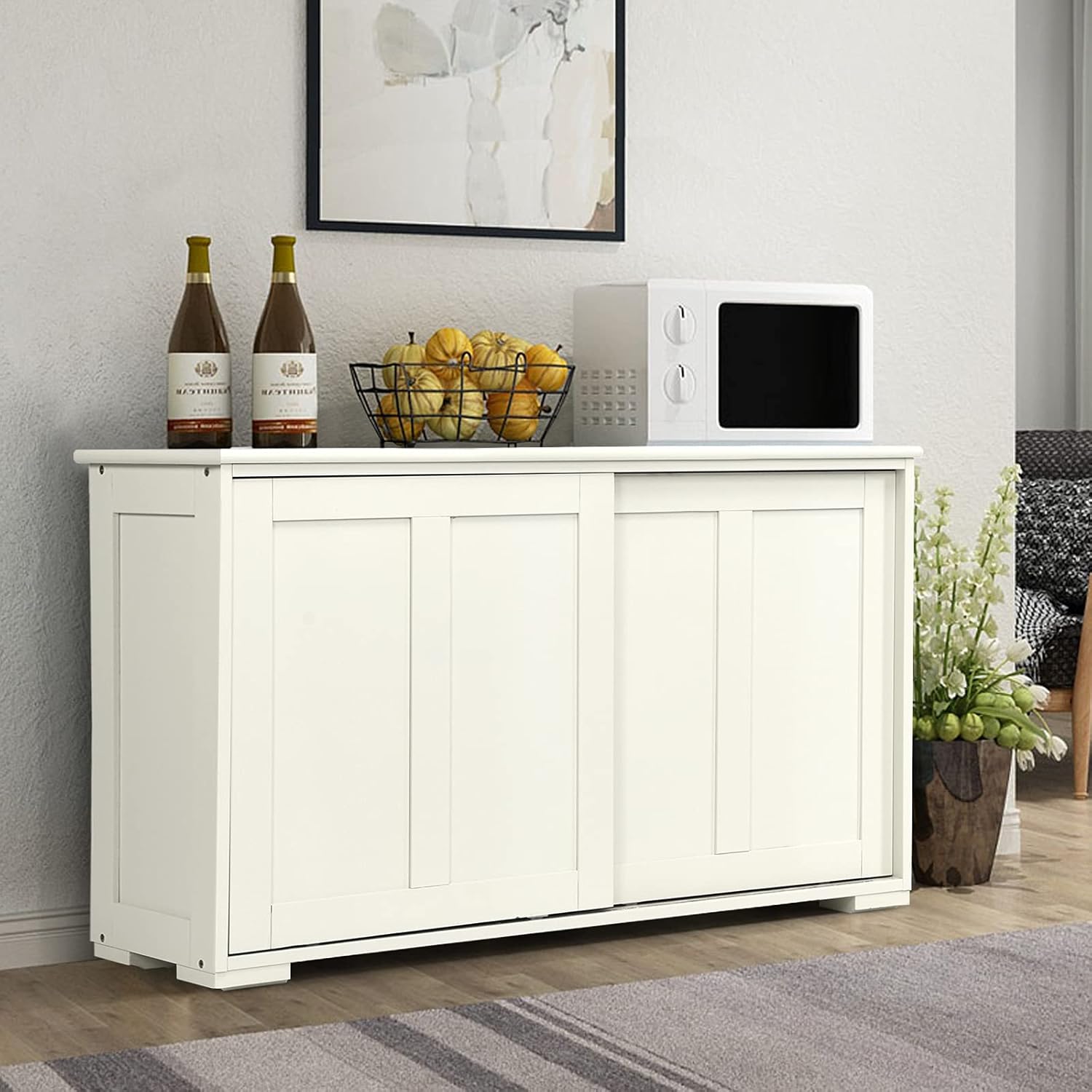 Kitchen Storage Sideboard w/Sliding Door & Adjustable Shelf, Stackable Buffet Cabinet for Entryway, Kitchen, Dining Rome, Antique White