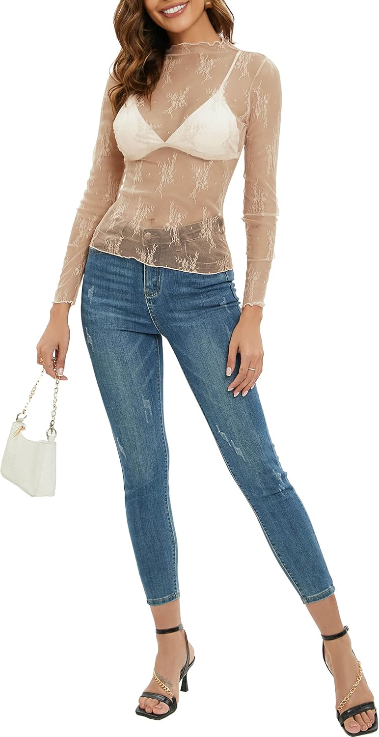 MEROKEETY Womens 2026 Mesh Sheer Lace Long Sleeve Top Sexy Y2k Mock Neck See Through Shirt Blouses - Image 6