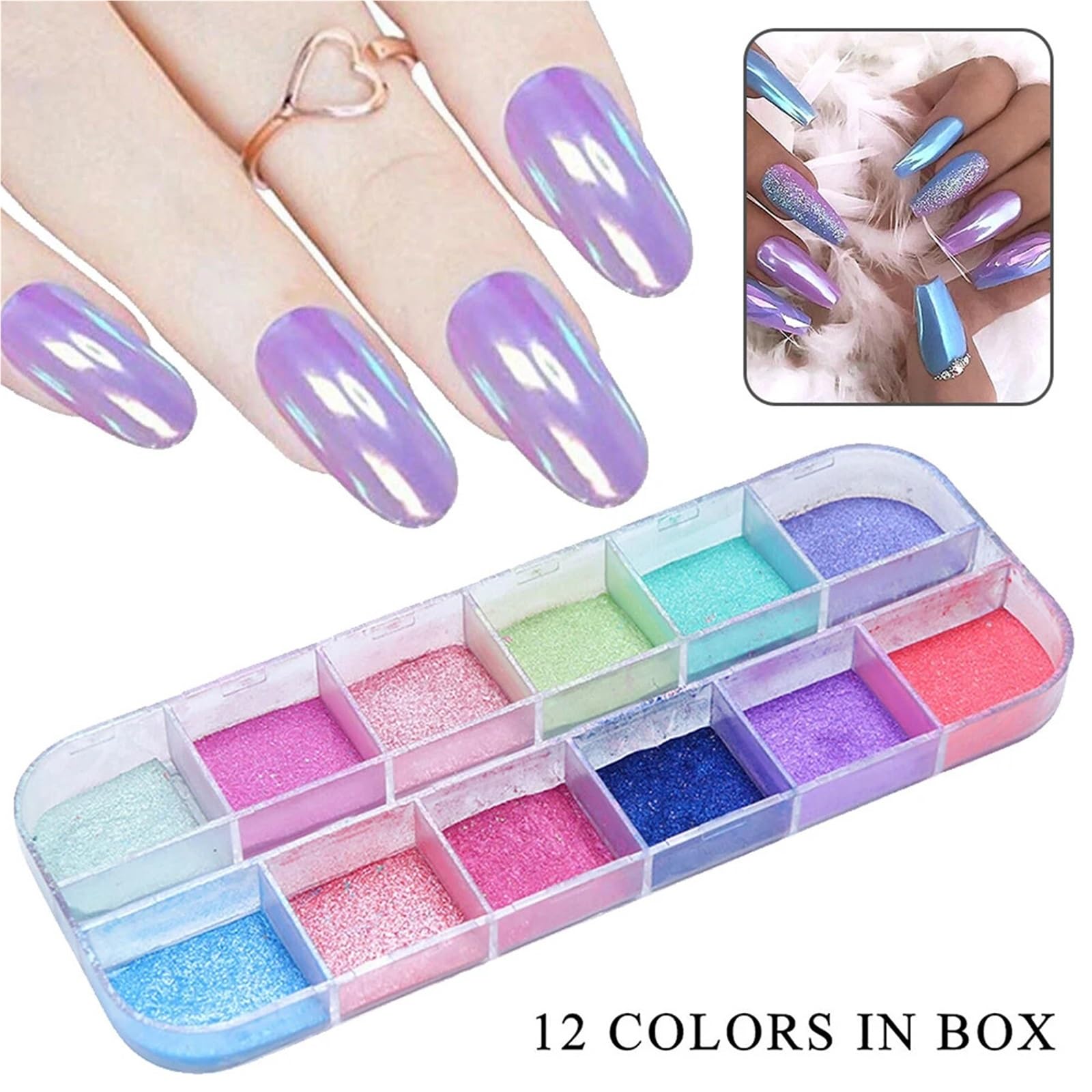 Polvere cromata unghie 12 Griglie Aurora Sirena Perla Shimmer Specchio effetto cromato Polvere for unghie per Manicure