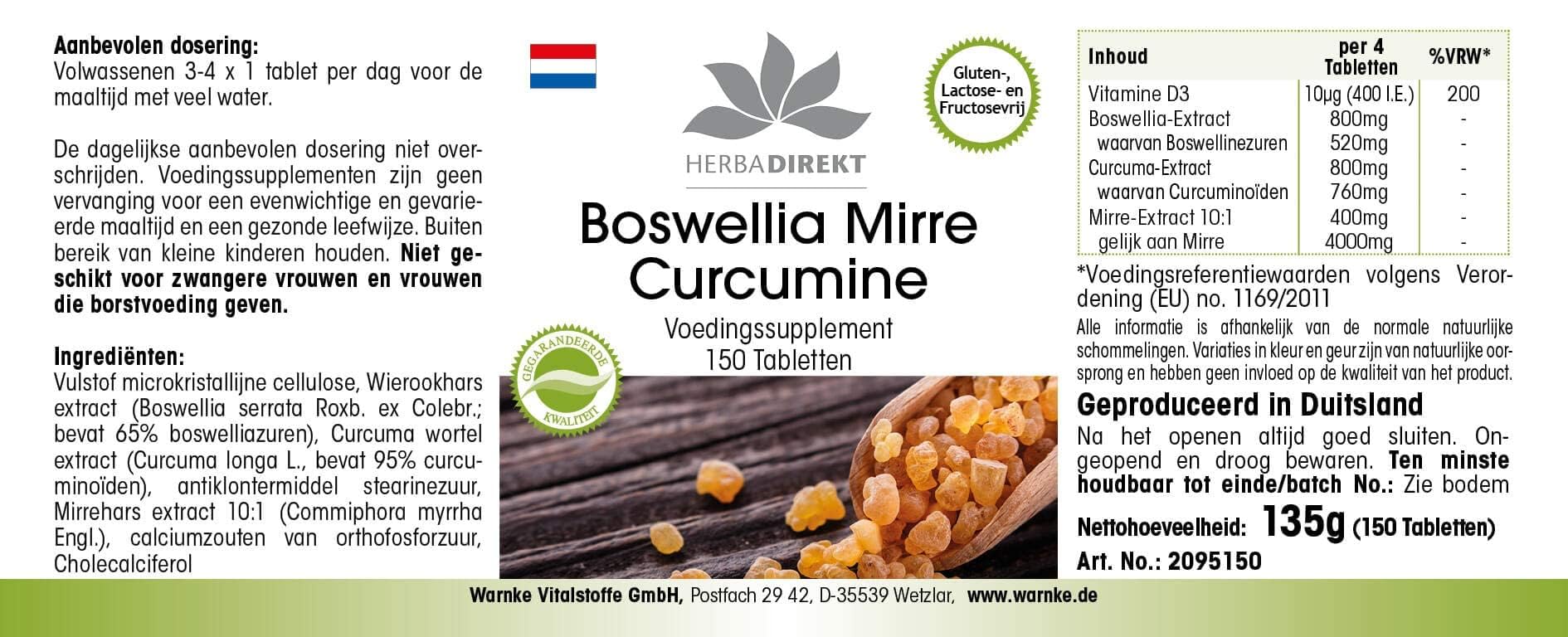 Boswellia Tabletten - mit Myrrhe und Curcumin - 150 Tabletten - mit Vitamin D3 | HERBADIREKT by Warnke Vitalstoffe - Deutsche Apothekenqualität (Packung mit 2)
