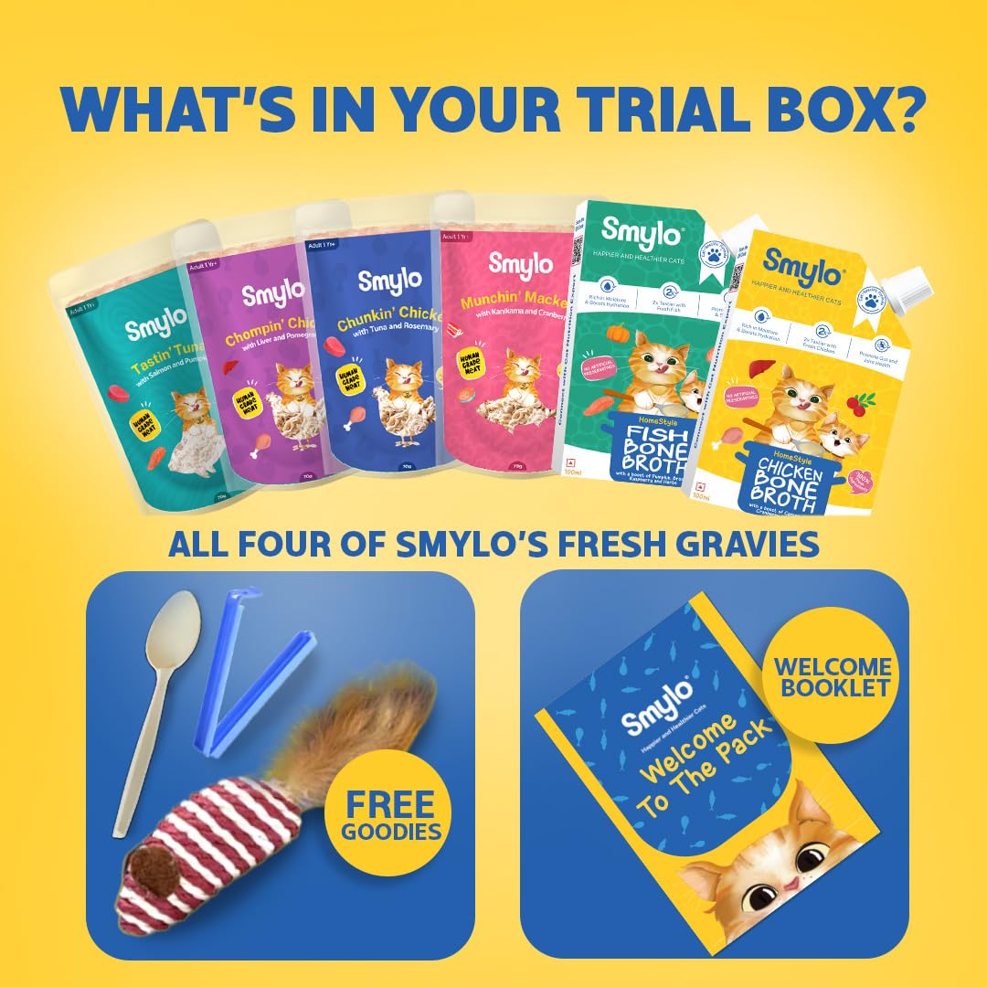 Smylo Adult Wet Cat Food Trial Box (1+ Yrs) with Fish & Chicken Broth | Chicken, Tuna & Mackerel Recipes | Grain Free, No Preservatives | Omega 3 & 6 for Shiny Fur | Wet Food for Cats, Cat Food Topper 3