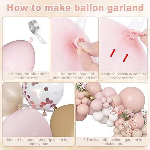 Miniatura 4 de Amandir Kit de guirnalda de arco de globos de color rosa polvoriento, bohemio, 173 unidades, color rosa claro, marfil, blanco, arena, nude, oro