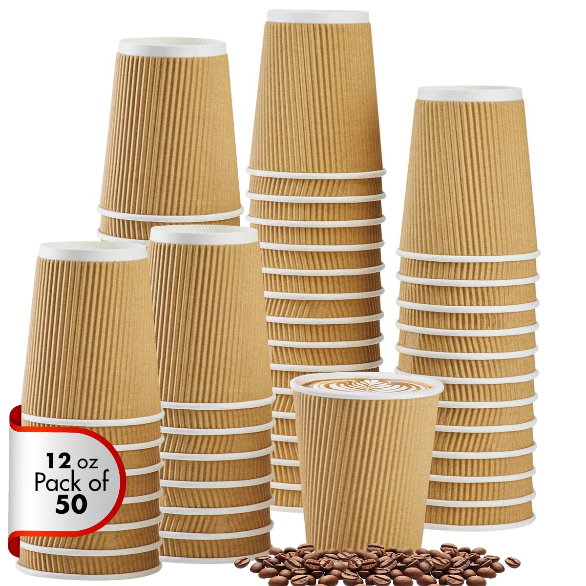 12 oz Ripple Wall Paper Cups Pack of 50, Insulated Kraft Disposable Coffee Cups for Hot and Cold Drinks, Takeaway Vending and Office Use