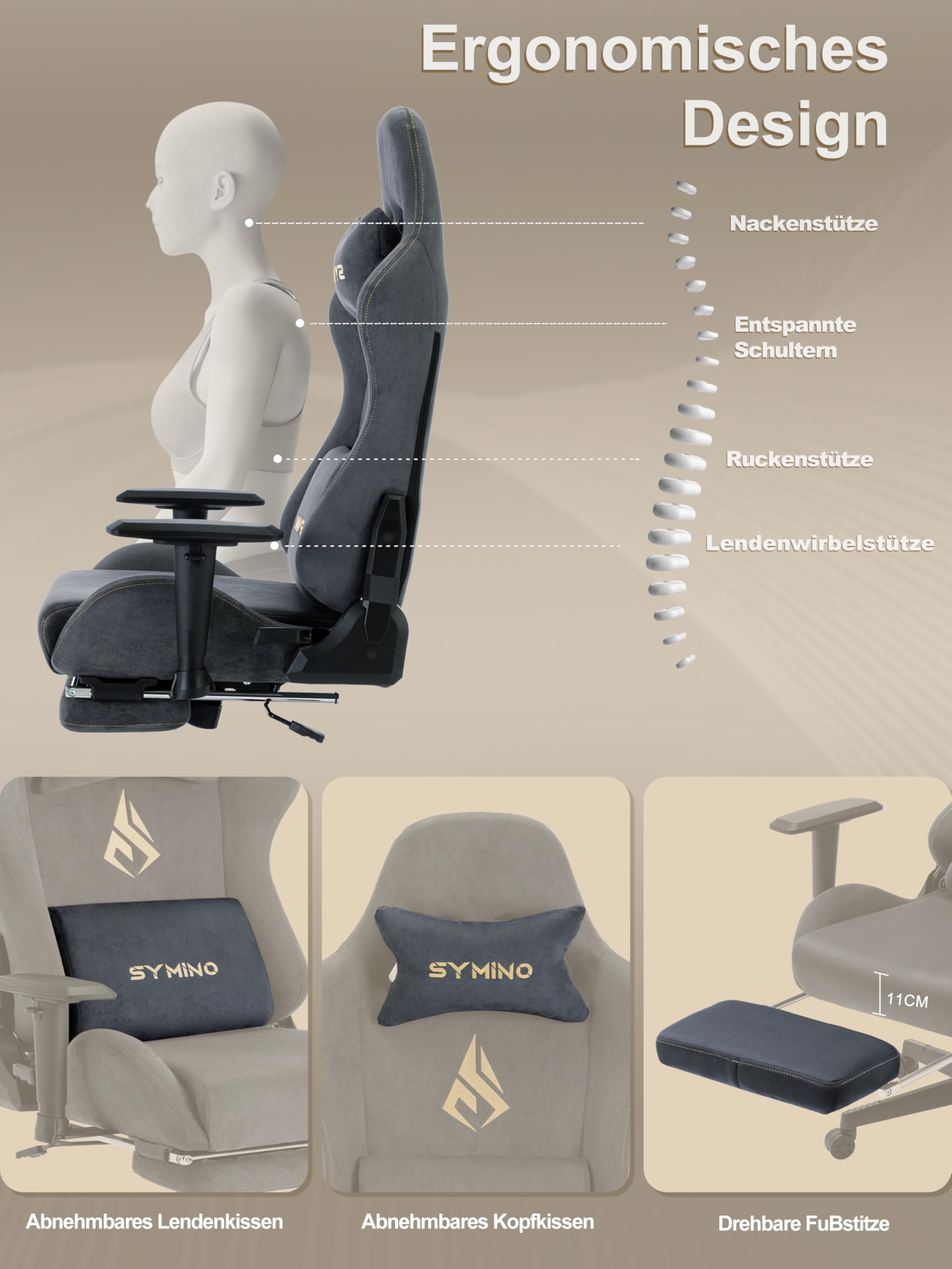 Symino Gaming Stuhl, Atmungsaktiver Bürostuhl aus Hochwertigem Stoff, So Weich Wie Pelz, Ergonomischer PC-Stuhl, Verstellbarer und Drehbarer Schreibtischstuhl mit Fußstütze, Grau | So Weich Wie Pelz, Ergonomischer PC-Stuhl, Verstellbarer und Drehbarer Sch