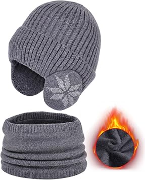 Winter Earmuff Beanie, Scarf Set Warm Knitted hat, Thickened Fleece Lined Winter Neck Warm hat