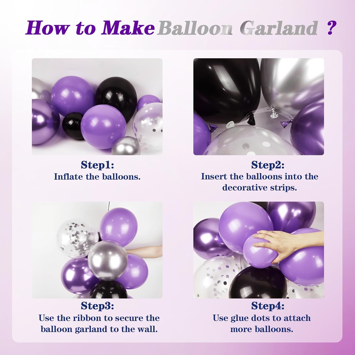 125pcs Purple and Black Balloon Garland Arch Kit, Sliver Confetti Metallic Purple Balloons for Graduation Halloween Birthday Party Decorations - Image 3