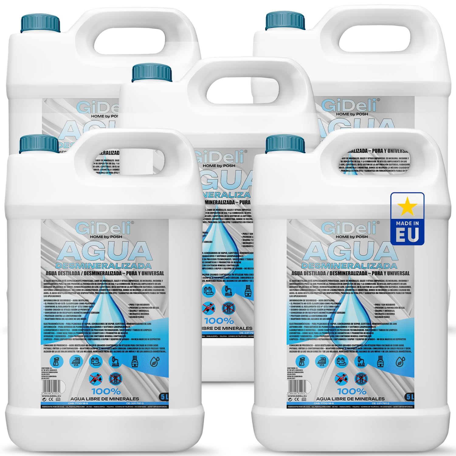 GiDeli Agua desmineralizada, 5 x 5 l, agua destilada para planchas, baterías, radiadores, humidificadores, acuarios y laboratorios, agua sin cal, inodoro, transparente