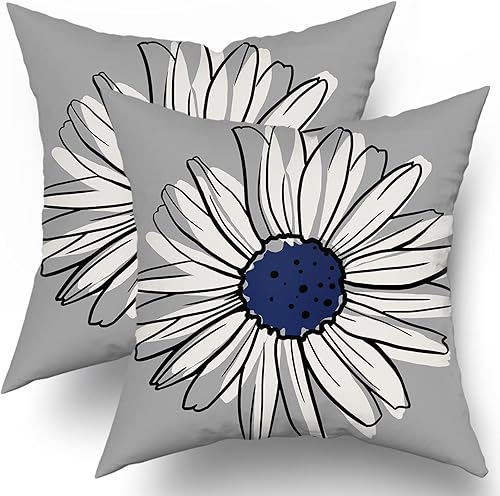Juego de 2 fundas de almohada de margaritas azul marino de 16 x 16 pulgadas, fundas de almohada florales modernas abstractas de flores, decoración
