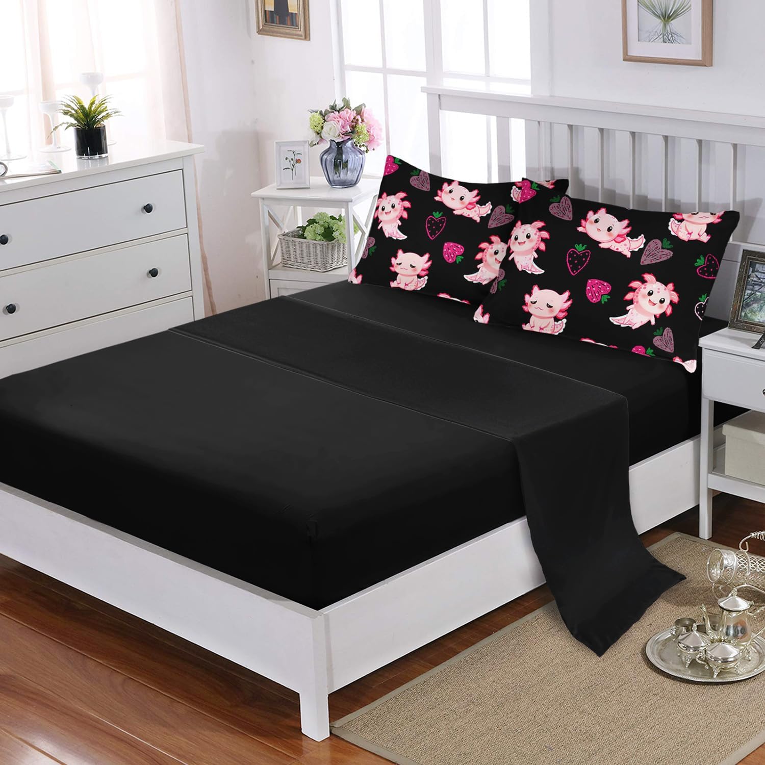 Cute Axolotl Comforter Set,Bed in a Bag Queen Size 7 Pieces,Marine Life Themed Bed Set for Kids Girls Toddler,7Pcs Bedding Set with Comforter,Fitted Sheet,Flat Sheet,Pillowcases.