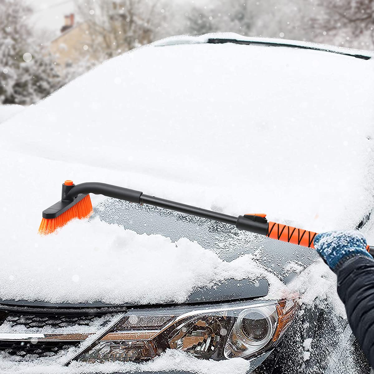 MATCEE Raspador de hielo y cepillo de nieve con poste extensible para parabrisas de coche y agarre de espuma desmontable 2 en 1 para quitar nieve para coche, SUV, camión, parabrisas auto