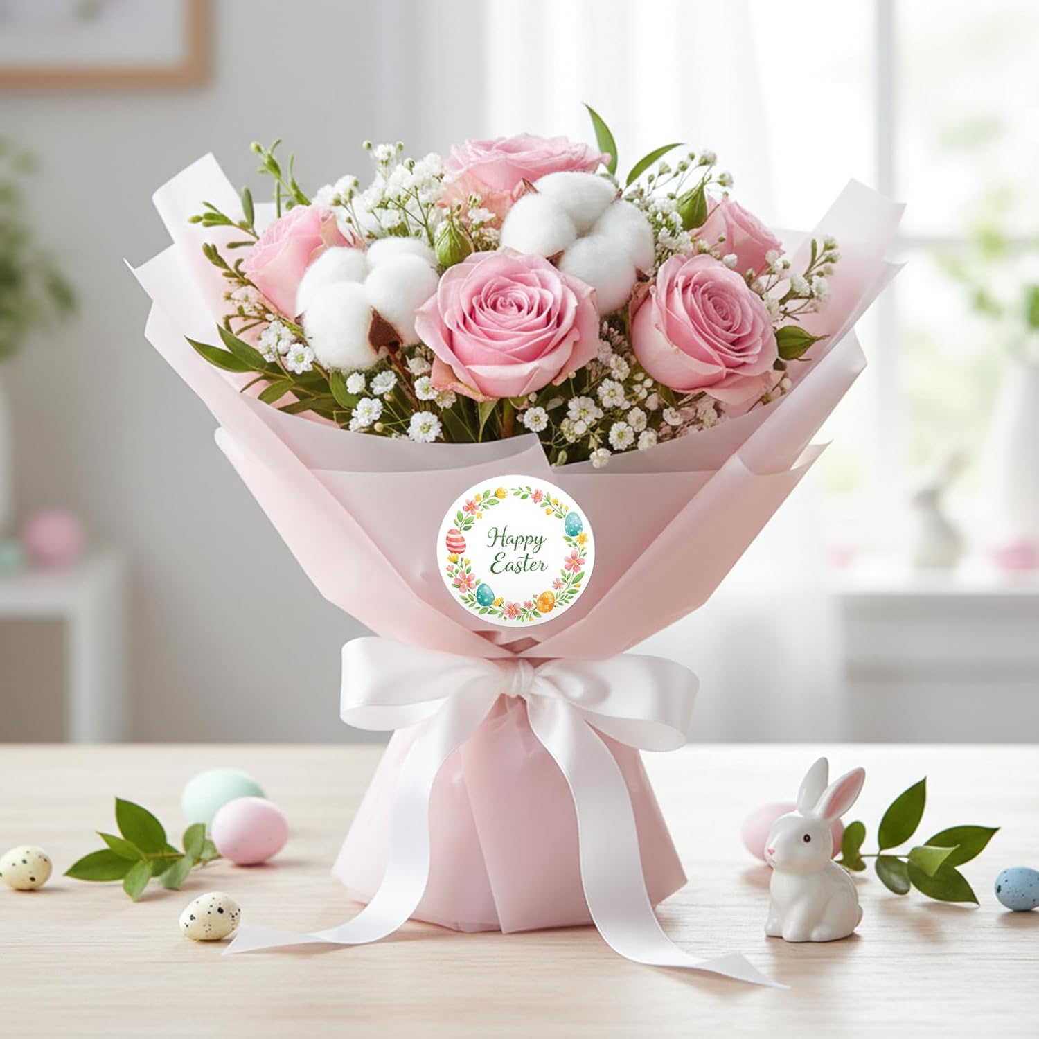 G2PLUS Happy Easter Stickers - 60Pcs Easter Eggs Labels for Baskets 2 Inch Round Watercolors Flower Wreath Sticker for Goodies Bags, Cards, Envelope Seals, Party Supplies