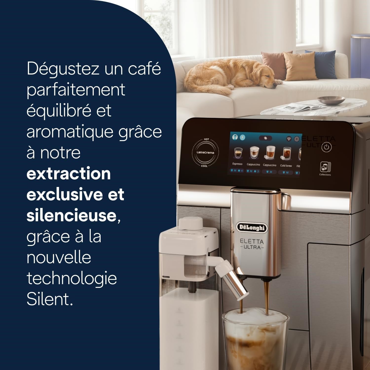 De'Longhi Eletta Ultra - Perfetto Machine à Café Automatique, LatteCrema Mousseur à Lait Automatique, 50+ Boissons Chaudes et Froides, Technologie Silencieuse, Écran Tactile, Métal (ECAM472.85.MB)