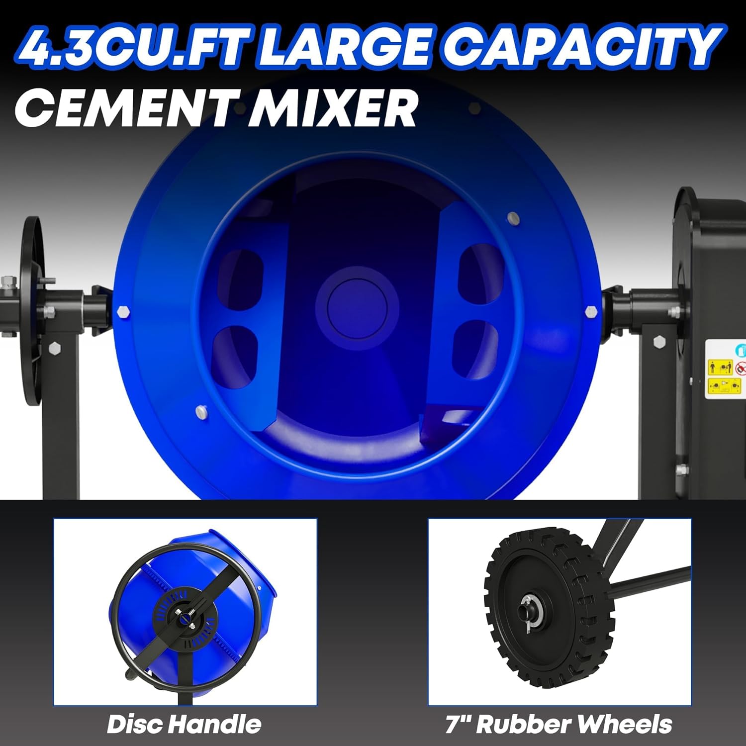 Concrete Mixer 4.3 Cu.Ft. – 450W (3/5HP) Heavy Duty Portable Concrete Mixer with Wheel & Stand for Mortar, Stucco, Fodder – Industrial Cement Mixing Machine, Blue