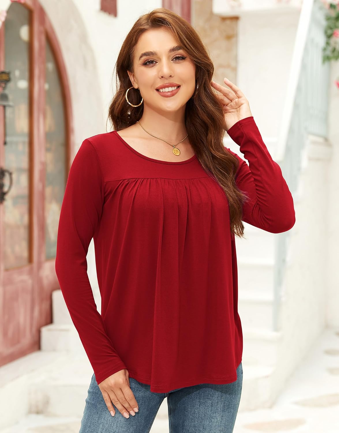 AUHEGN Long Sleeve Shirts for Women Pleated Tunic Tops Casual Crew Neck Loose Fit Fall Tops Blouse Outfits for Legging - Image 2