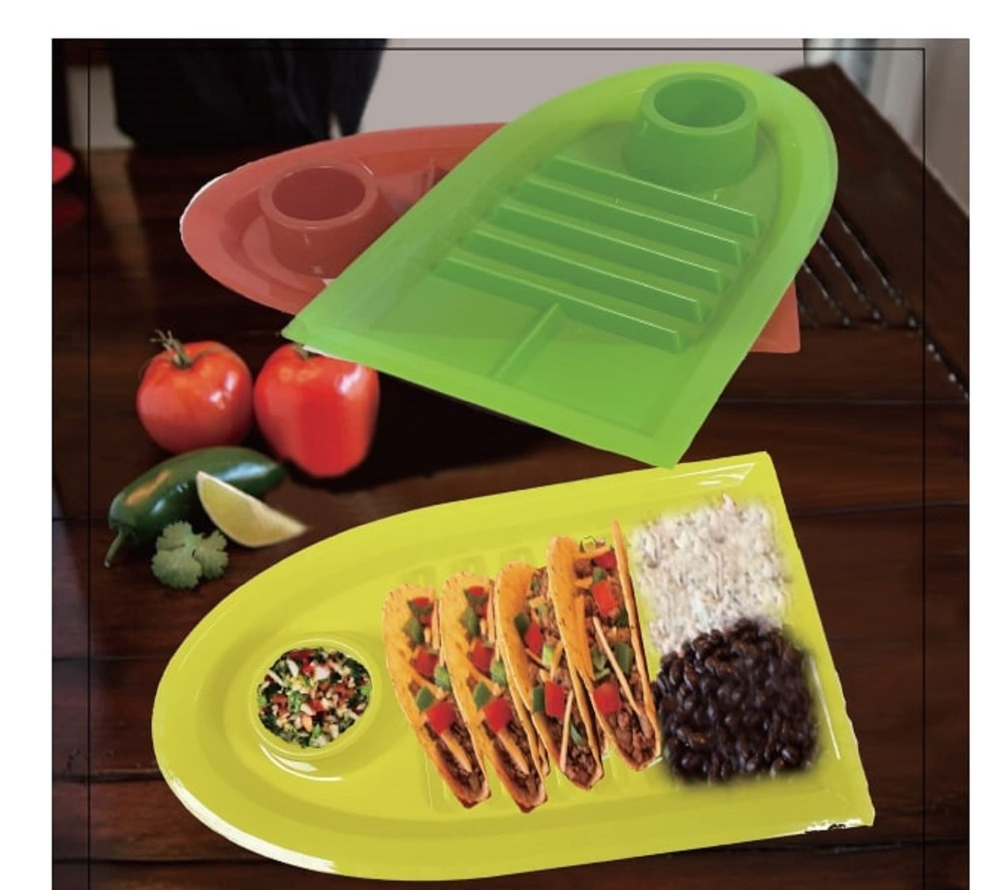 set of 3 taco holder divider plates multi colored plastic bpa free dinner taco trays with stand up holders perfect for soft and hard shell tacos tuesday night taco