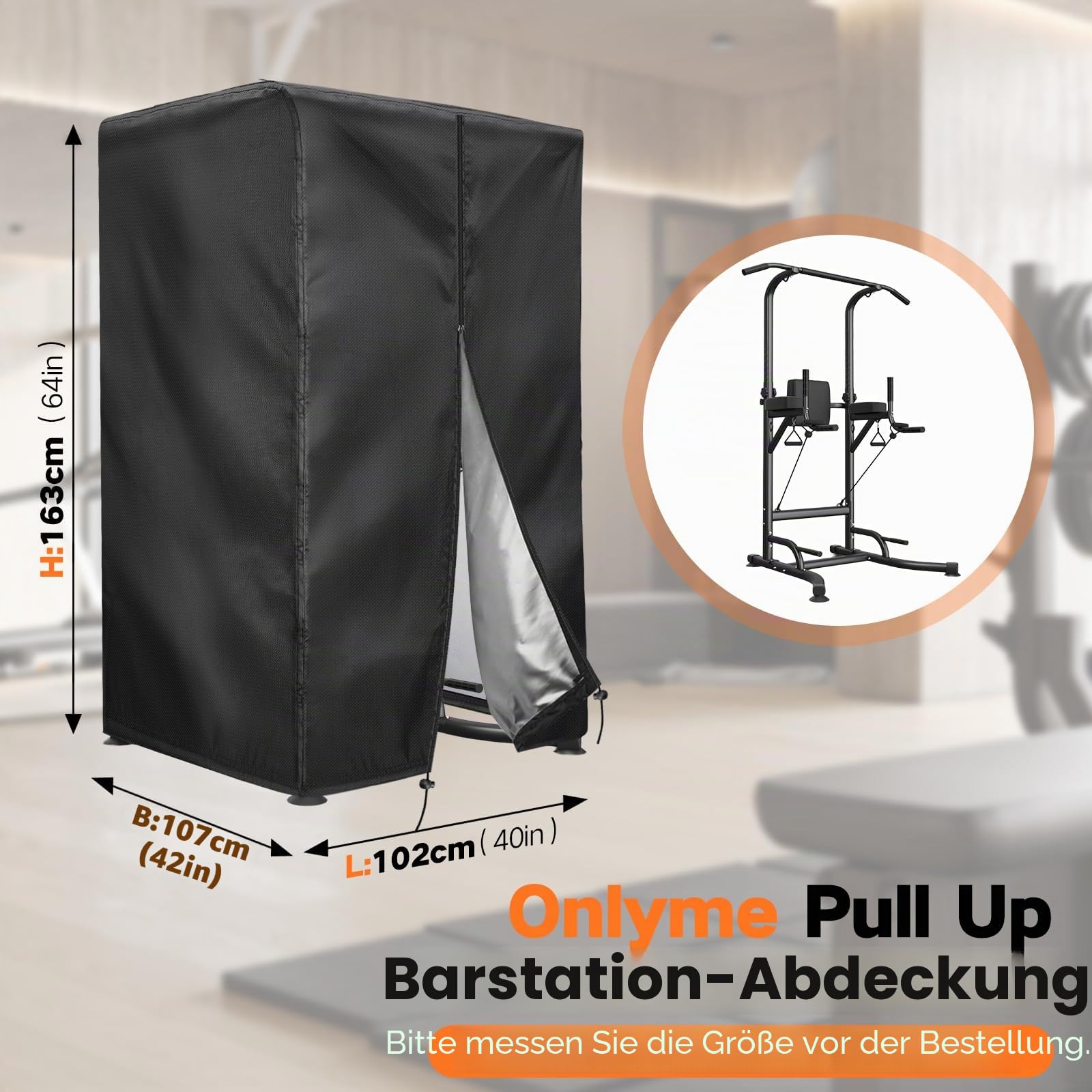 Onlyme Power Tower Abdeckung 420D Wasserdicht für Dip Station, Fitness Station Schutzhülle mit Wasserdichtem Reißverschluss & Kordelzug, Outdoor Staubdicht für Home Gym, 102x107x163cm